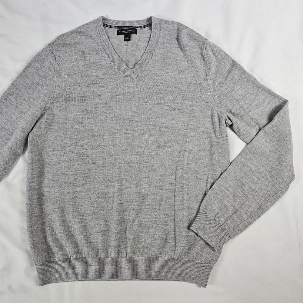 Banana Republic Sweater Mens L Gray Extra Fine Merino V‎ Neck Pullover